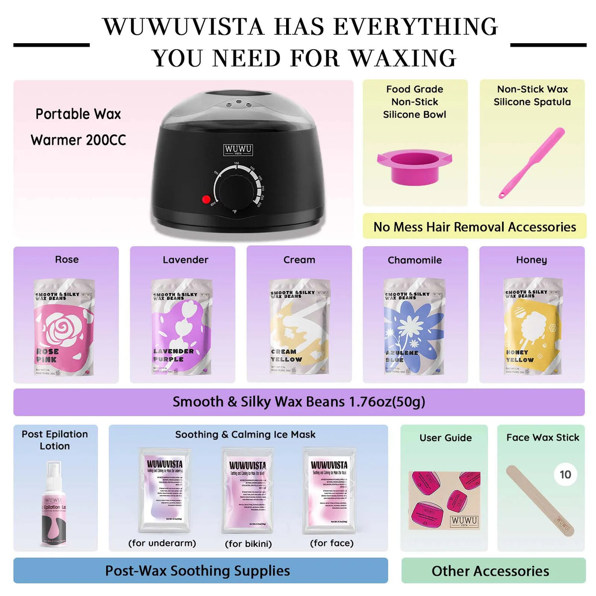 Waxing Kit WUWUVISTA Hair Removal Wax Kit Wax Melt Warmer Waxing Beads