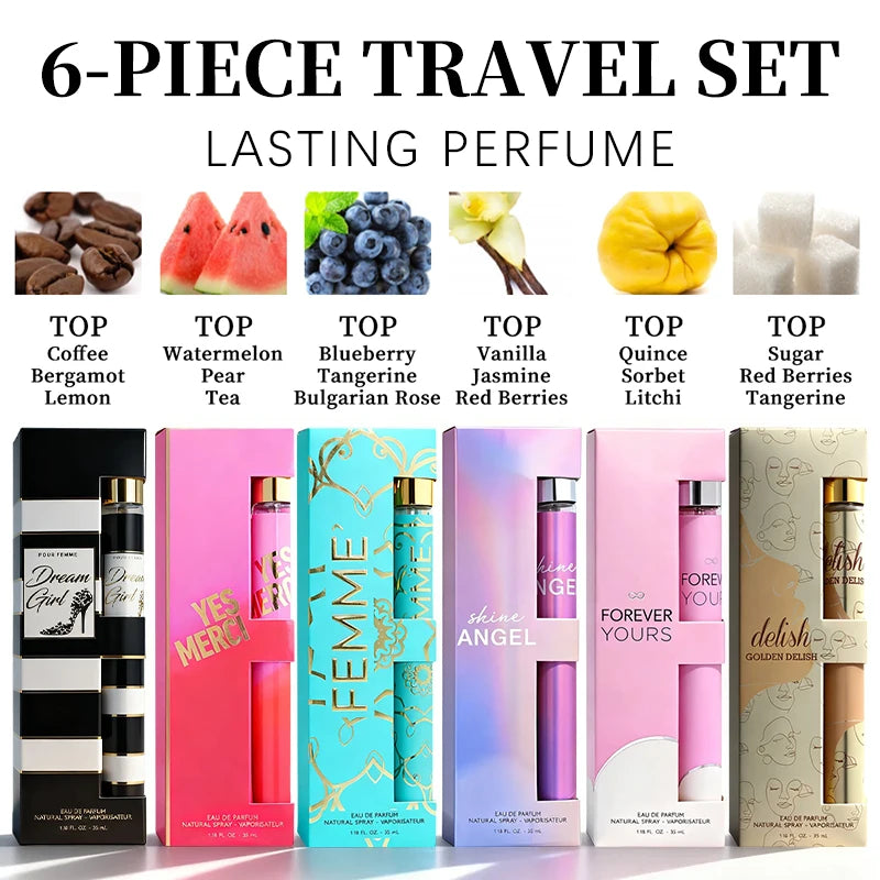 6-Piece Travel Set, Men's and Women's Eau De Toilette Spray, Long-Lasting Fragrance,