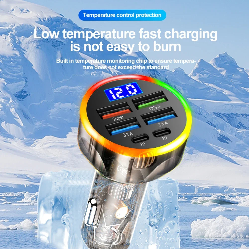 200W Car Charger QC3.0 Type-C Quick Charge Transparent Case PD