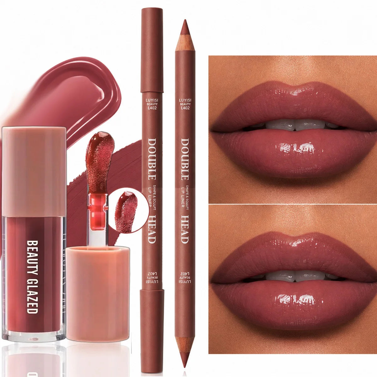 2pcs/Set Lip Makeup Set,1pc Matte Dual-Color Lip Liner+1pc Moisturizing Lip Gloss