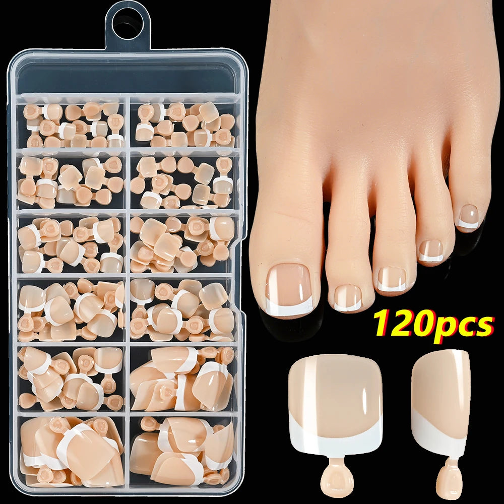 120pcs/Box French Tip Press-On Toenails Pink Color System Square Shape Foot Nails Short Length Glossy Finish False Toe Nails Set