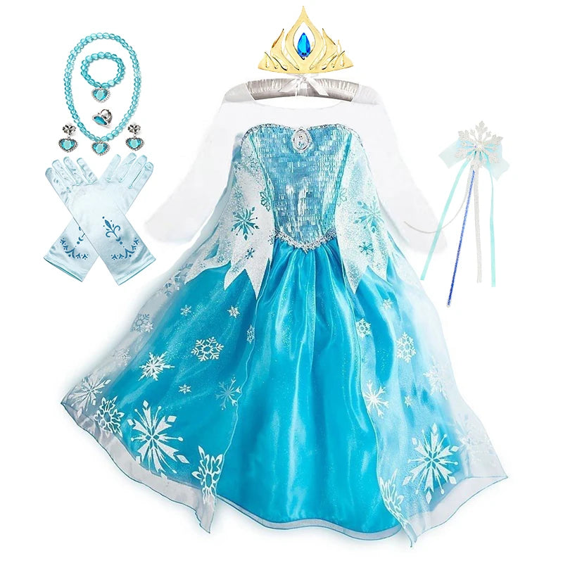 Girls Ice Snow Princess Cosplay Dress with Long Cloak