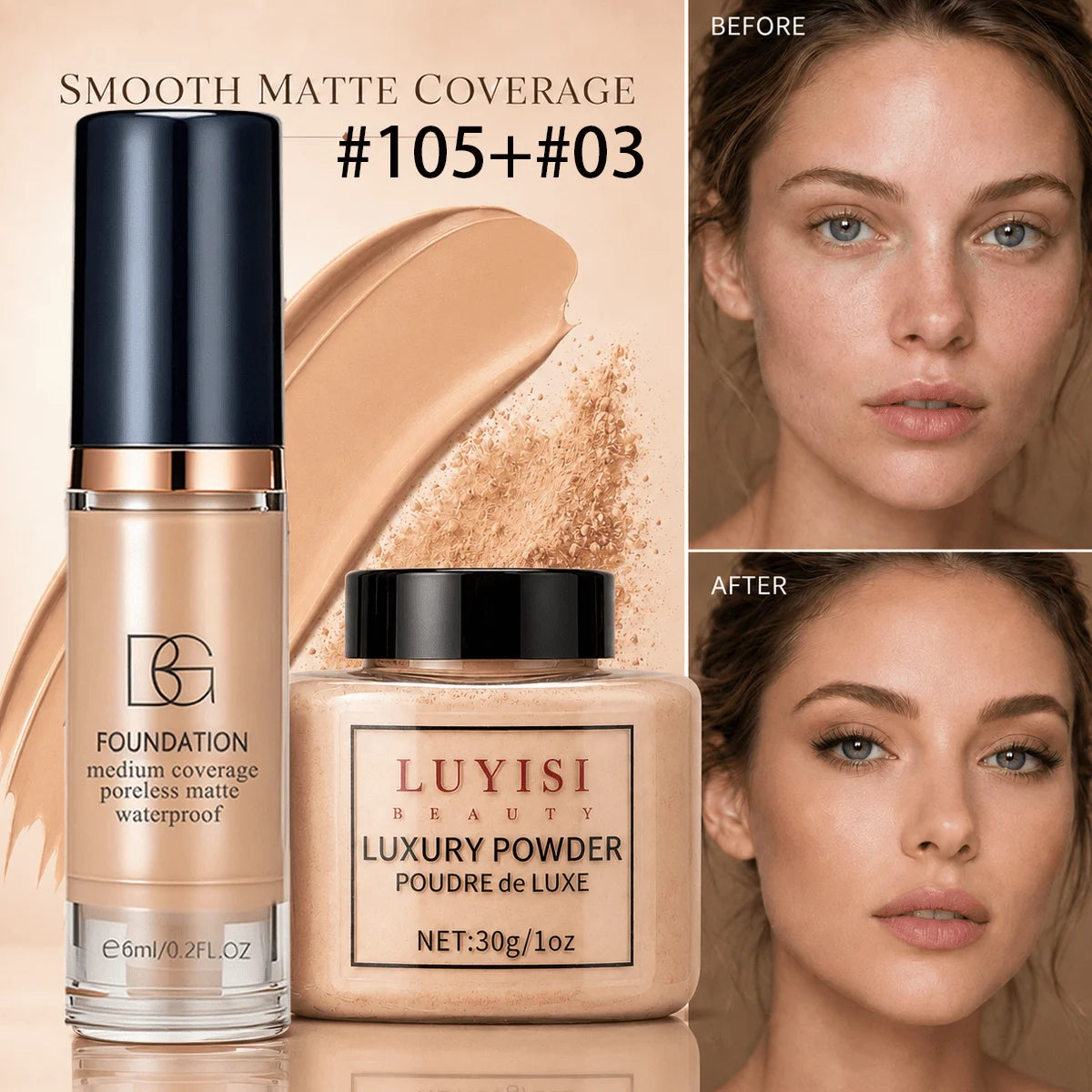 Facial Makeup Set:1pc Matte Loose Powder+1pc Waterproof Fundation