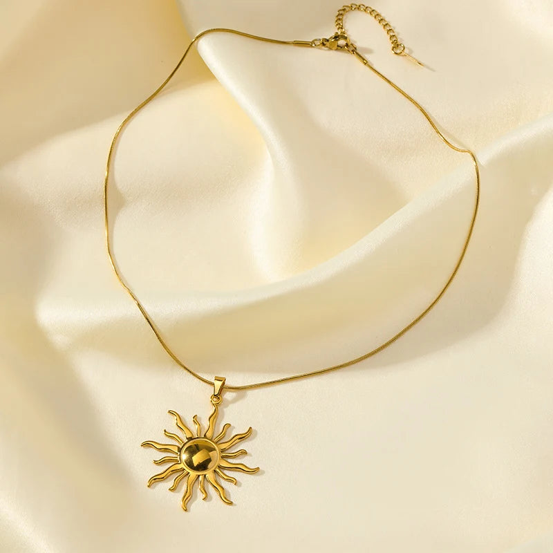 GANEMLY 316l Stainless Steel Metallic Gold Color Sun Pendant Necklace Women Chic Romantic Waterproof Neck Chain Jewelry Gift