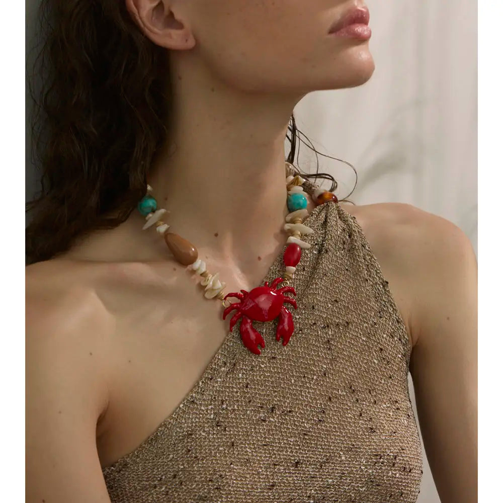 Yhpup Ocean Style Crayfish Crab Pendant Necklace for Women Shell Acrylic Resin Chain Handmade Jewelry