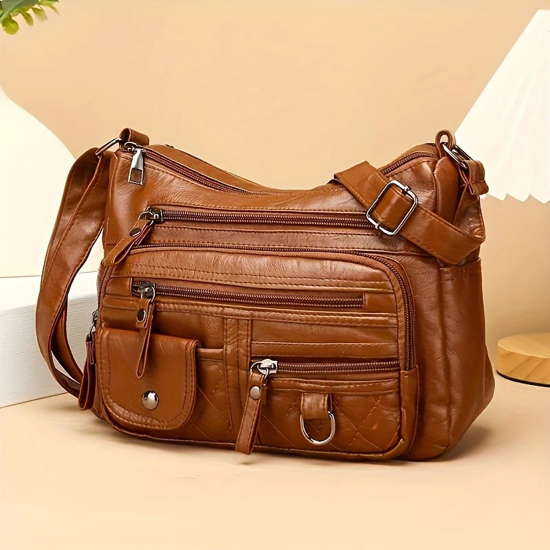 Vintage Women's Leather Crossbody Bags, Multi-layer Large Capacity Shoulder Bag, Suitable for Commuting and Travel Occasions