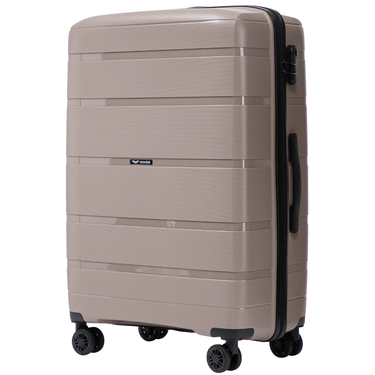 Suitcases to Choose From: Polypropylene 20", 24", 28" / 75 × 50 × 30 cm / 65 × 44 × 25 cm / 55 × 39 × 20 cm Hawfinch Color: Champagne DAMAGE-RESISTANT TELESCOPIC HANDLE, 4 DUPLICATE 360° WHEELS, COMBINATION LOCK, SIDE