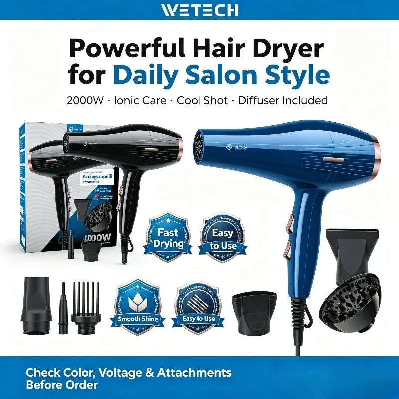 WETECH 2000W Professional Hair Dryer Negative Ion Blow Dryer Cool Shot Function With Concentrator Nozzle Diffuser