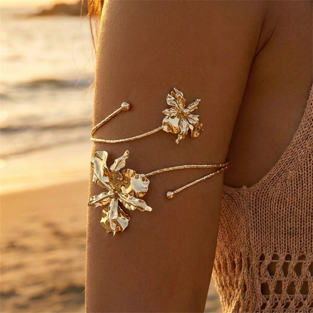 Boho Elegant Sexy Flower Open Cuff Armlet for Women Vintage Enamel Glaze Craft Floral Adjustable Arm Bracelet Beach Body Jewelry