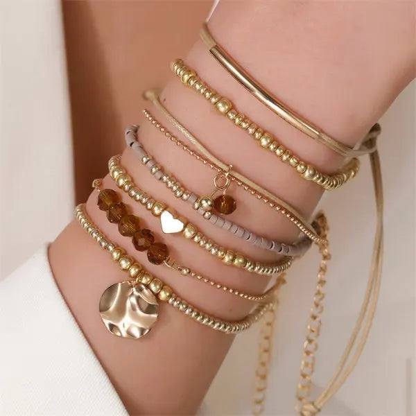 4pcs/set Bohemia Shell Bracelets for Women Ethnic Style Colorful Zircon Rice Beads Metal Chain Bangles Girl Summer Beach Jewelry