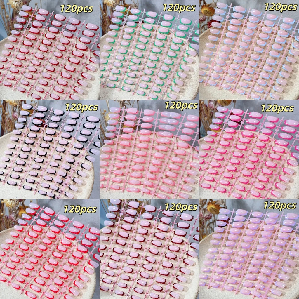 120pcs French Glossy Color Block Acrylic False Nails Spring & Summer Nude Tones Press-On Nails Full Cover Square Shape Nail Tips