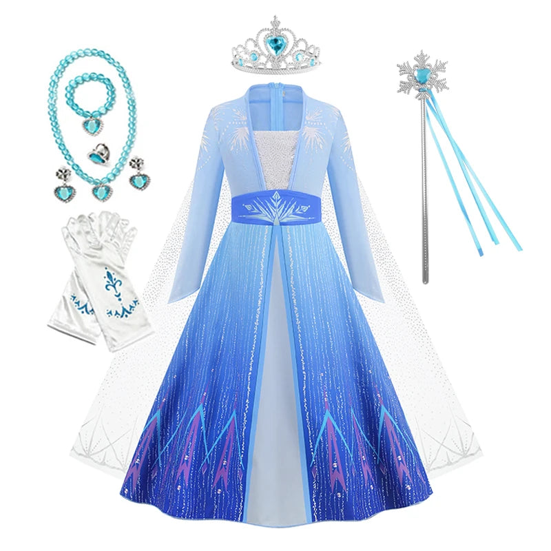 Elsa Princess Dress for Girls Blue Long Sleeve Cloak Carnival