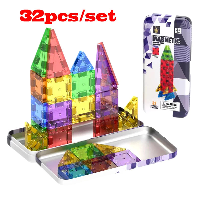32pcs Magnetic Building Blocks 3D Diamond Magnet Tiles with Iron Case Magnetic Designer Construction Toys for Children Gift