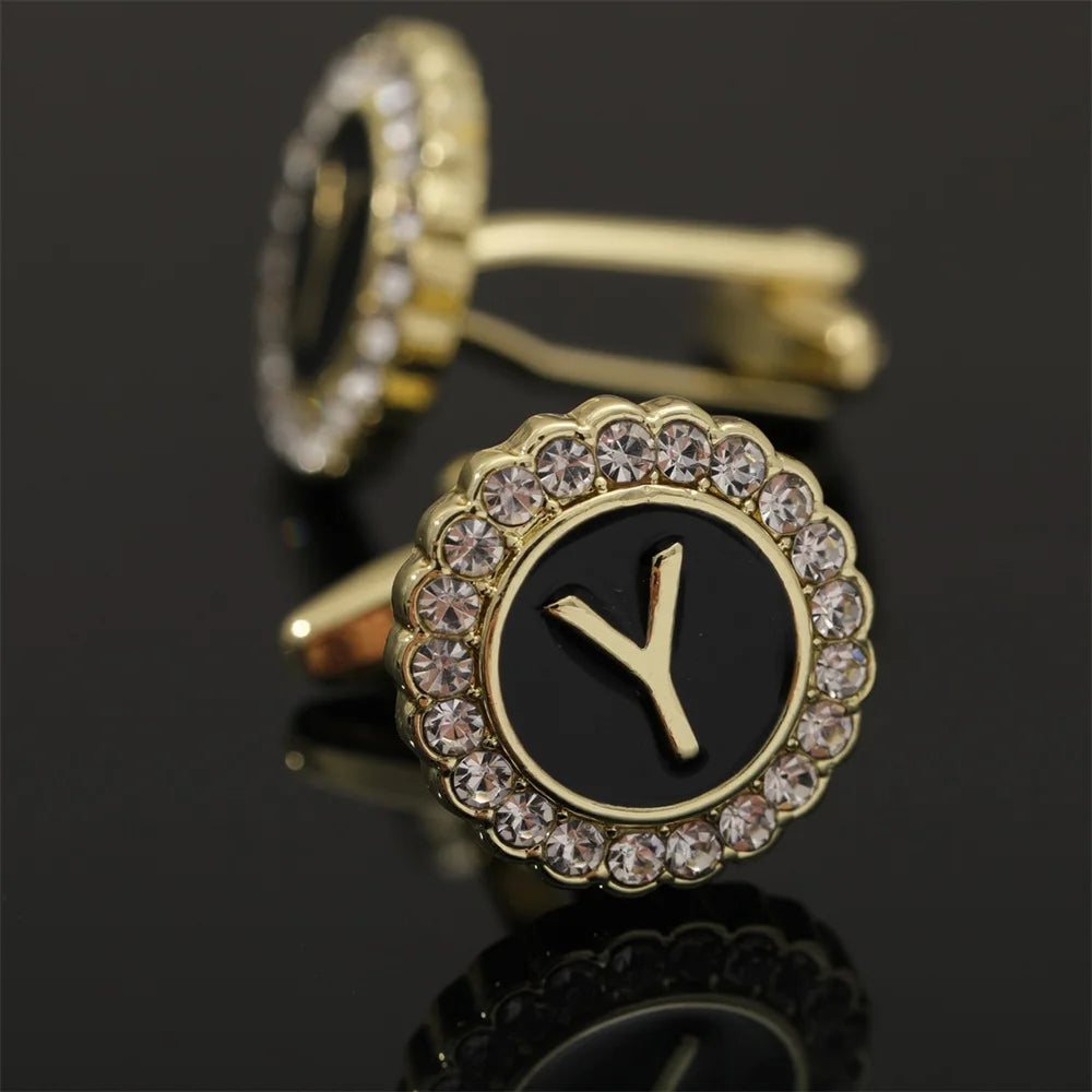 26 Initial Capital Letter A-Z Mens Cufflinks Galaxy Golden Color Gear Shape Crystal Cuff Links Formal Shirt Suit Jewelry Gift