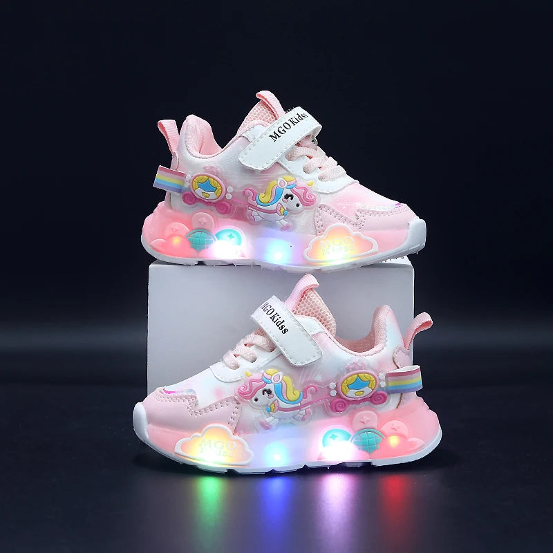 Mgo Kidss New Spring and Autumn Girls' Shoes, Light-Up Shoes, Flashing Shoes, Rainbow Pony Shoes, Kidsren's Sports Shoes, Girls' Soft-Soled Shoes, Running Shoes, Pink Shoes, Princess Kidsren's Shoes, Suitable for Ages 1-3-6,
