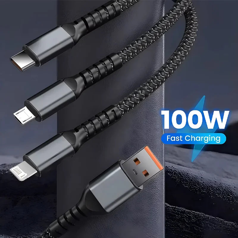 3 In 1 USB 100W Fast Charging Cable With Type-C