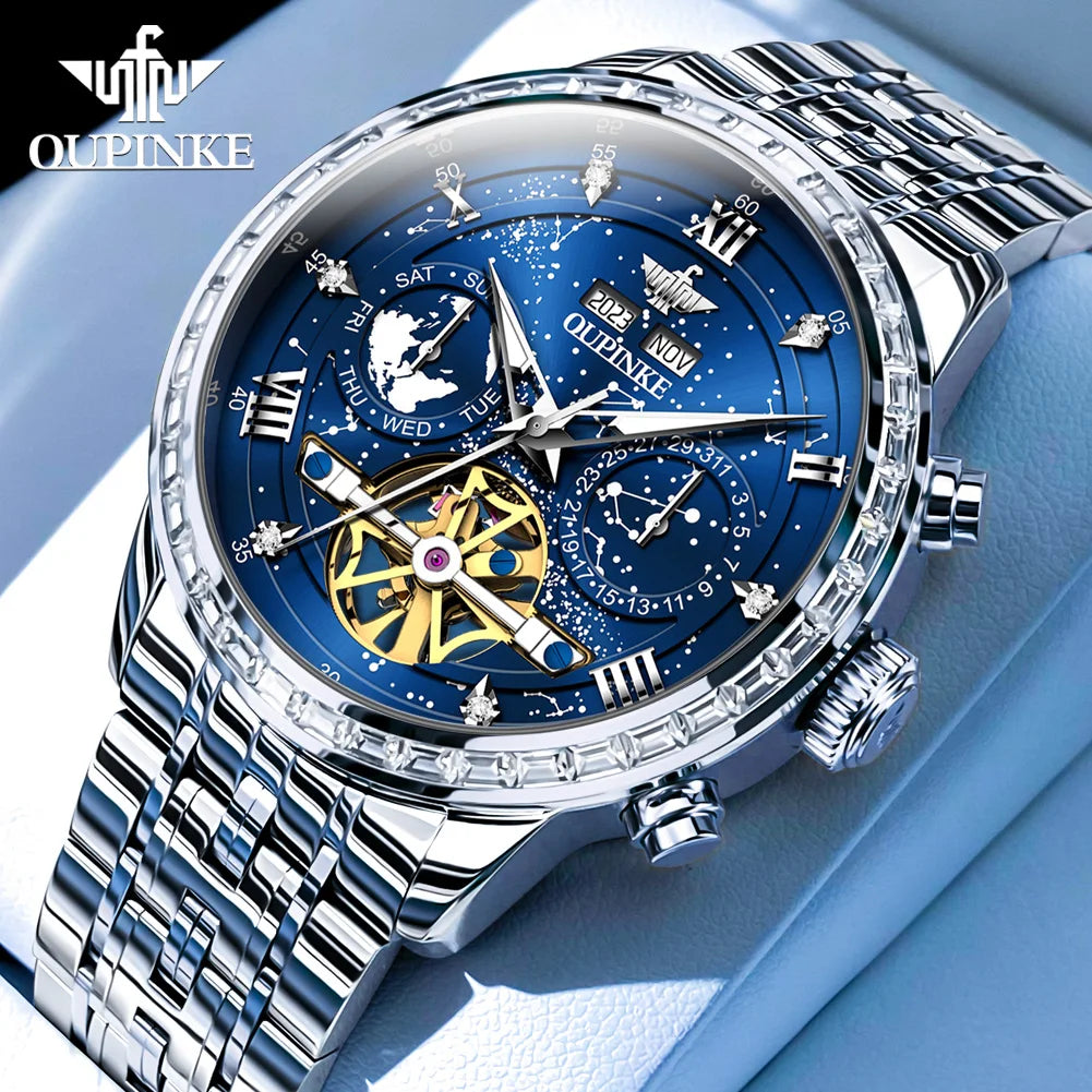 OUPINKE 3255 Men Watch Luxury Brand Swiss Movement Starry Sky Skeleton Waterproof