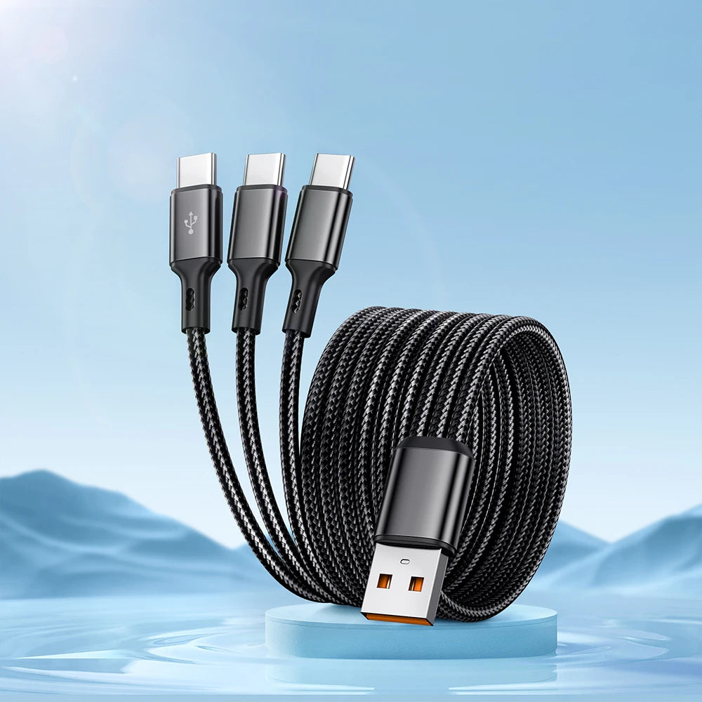 100W 3 in 1 Fast Charging Data Cable USB to 3 Type C Quick Charge