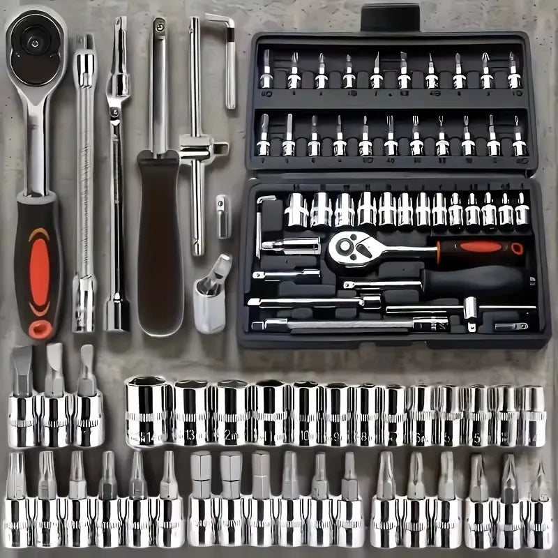 46-Piece Socket Set with Chrome Vanadium Tools, Ratchet, Extensions, and Portable Case for Car and Home Repairs