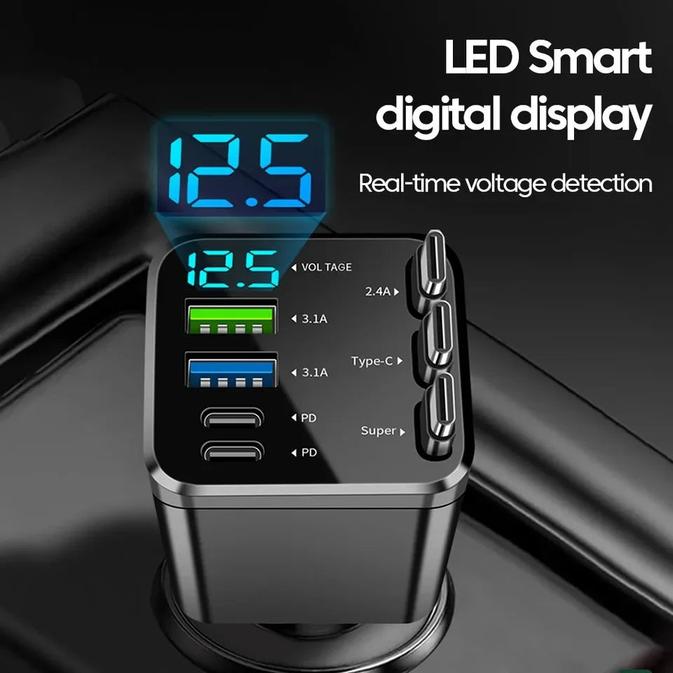 New 120W 7IN1 Retractable Fast Car Charger USB Type-C Power Adapter With Roof Starlight For iPhone Samsung Xiaomi Huawei