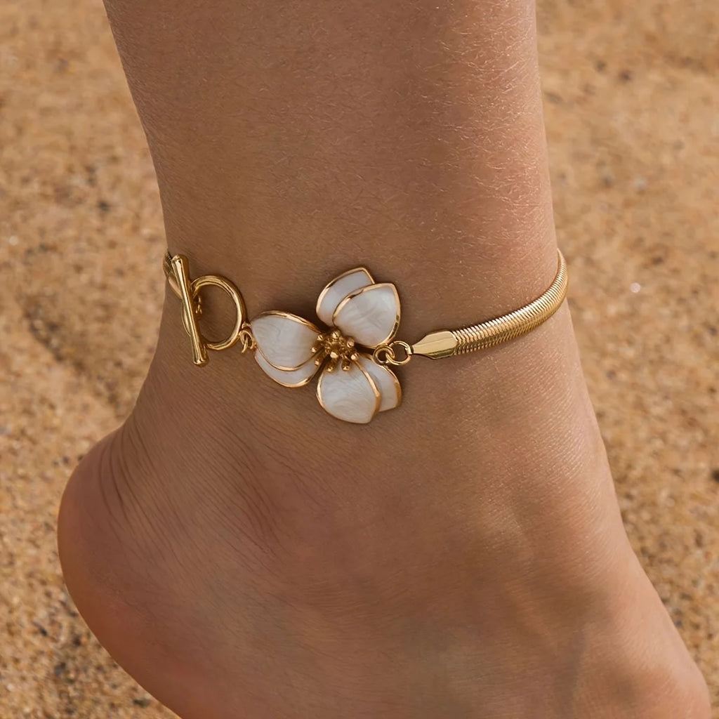 Elegant Enamel Flower OT Buckle Charm Anklets for Women