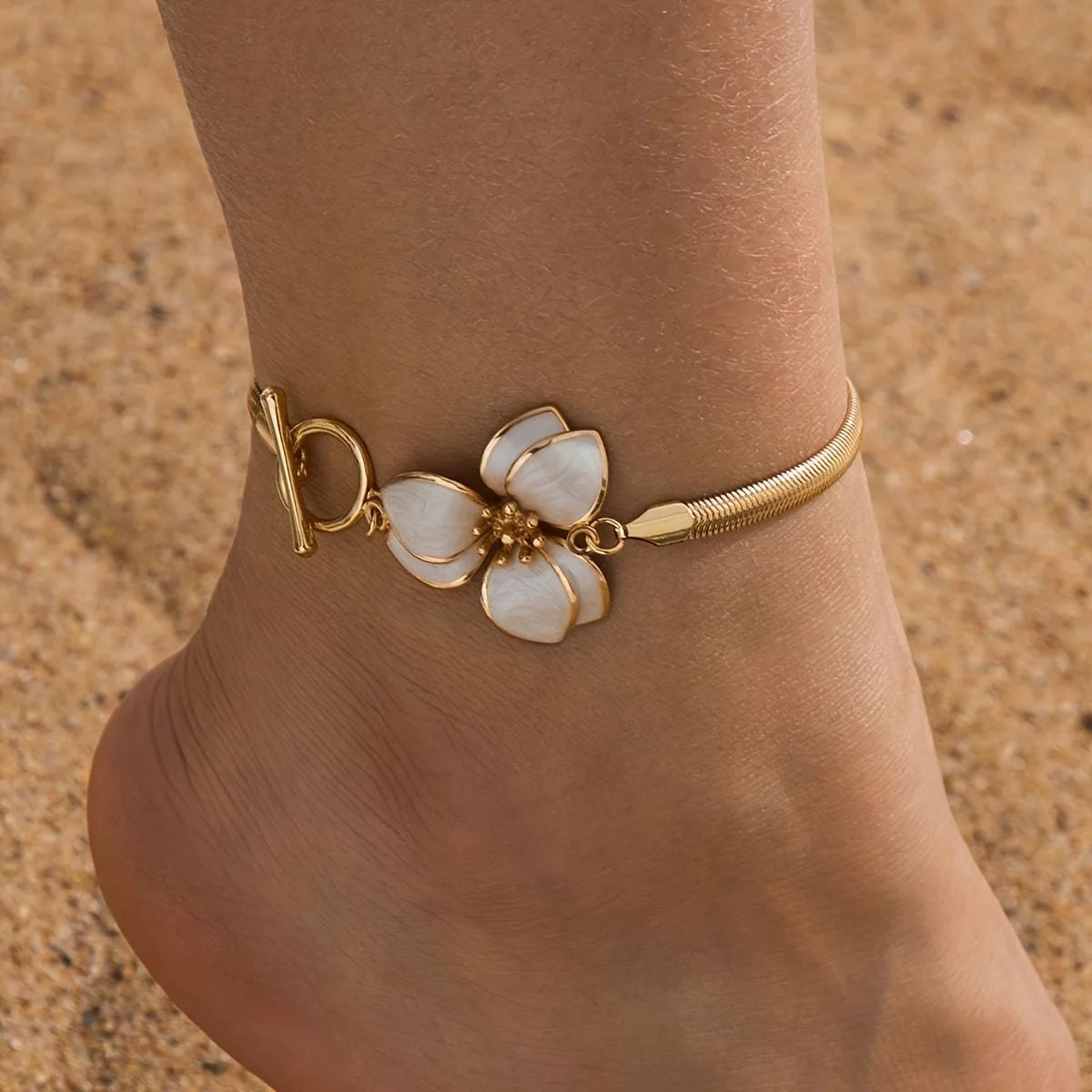 Elegant Enamel Flower OT Buckle Charm Anklets for Women White Green Cherry Blossom Anklet Leg Bracelet Summer Beach Foot Jewelry