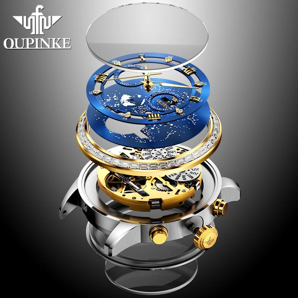 OUPINKE 3255 Men Watch Luxury Brand Swiss Movement Starry Sky Skeleton Waterproof