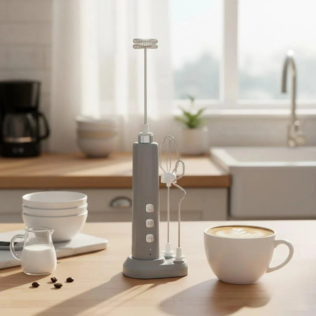 Rechargeable Handheld Milk Frother Mini Electric Mixer with 3 Speeds Whisking and Baking Tools Multi-functional Attachments