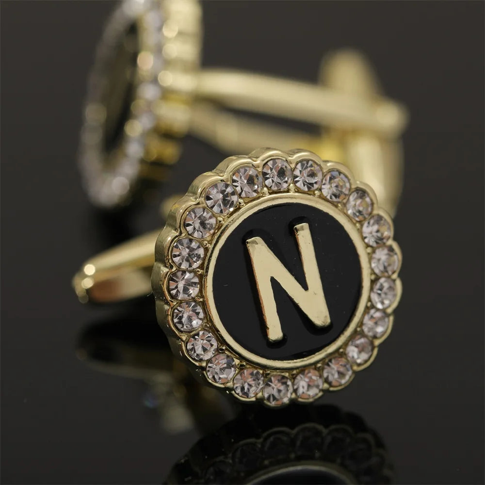26 Initial Capital Letter A-Z Mens Cufflinks Galaxy Golden Color Gear Shape Crystal Cuff Links Formal Shirt Suit Jewelry Gift