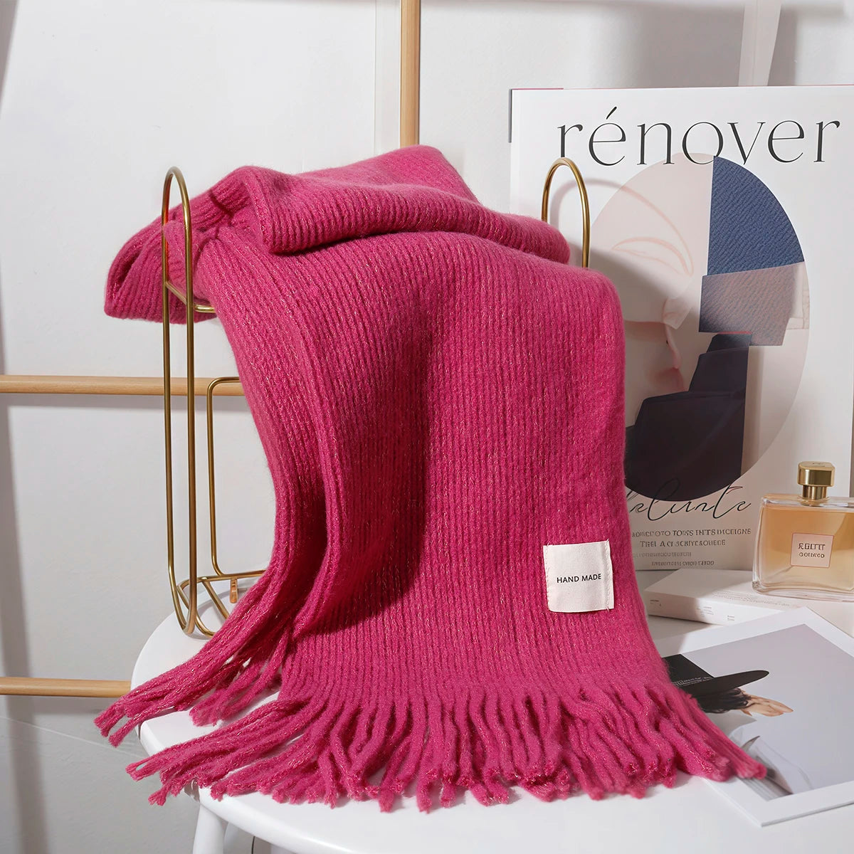 Women Solid Color Knitted Tassel Scarf