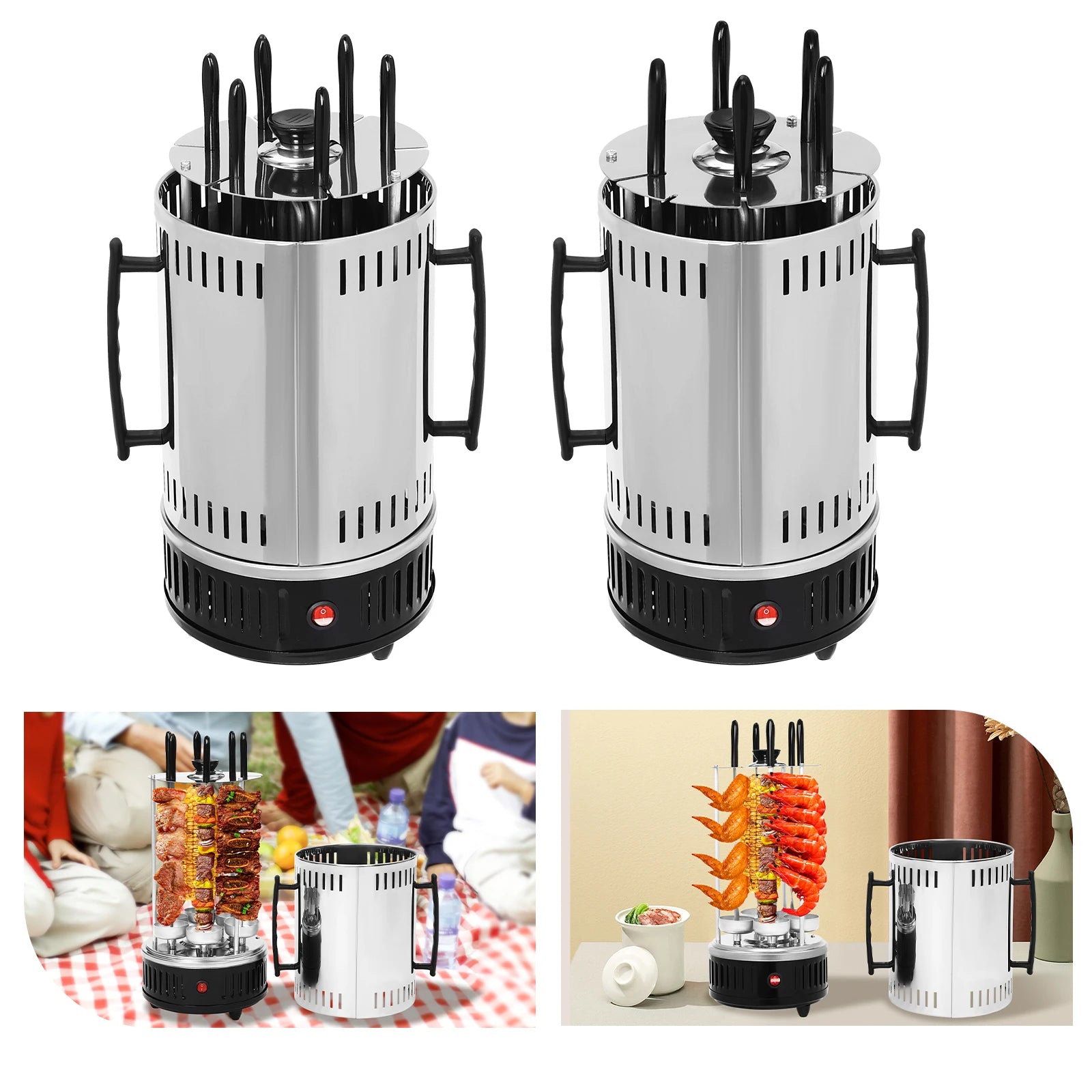 1000W Vertical Electric Grill 5/6 Skewer Stainless Steel Auto Rotating Kebab Machine with Oil Drip Pan for Kebobs Shawarma BBQ
