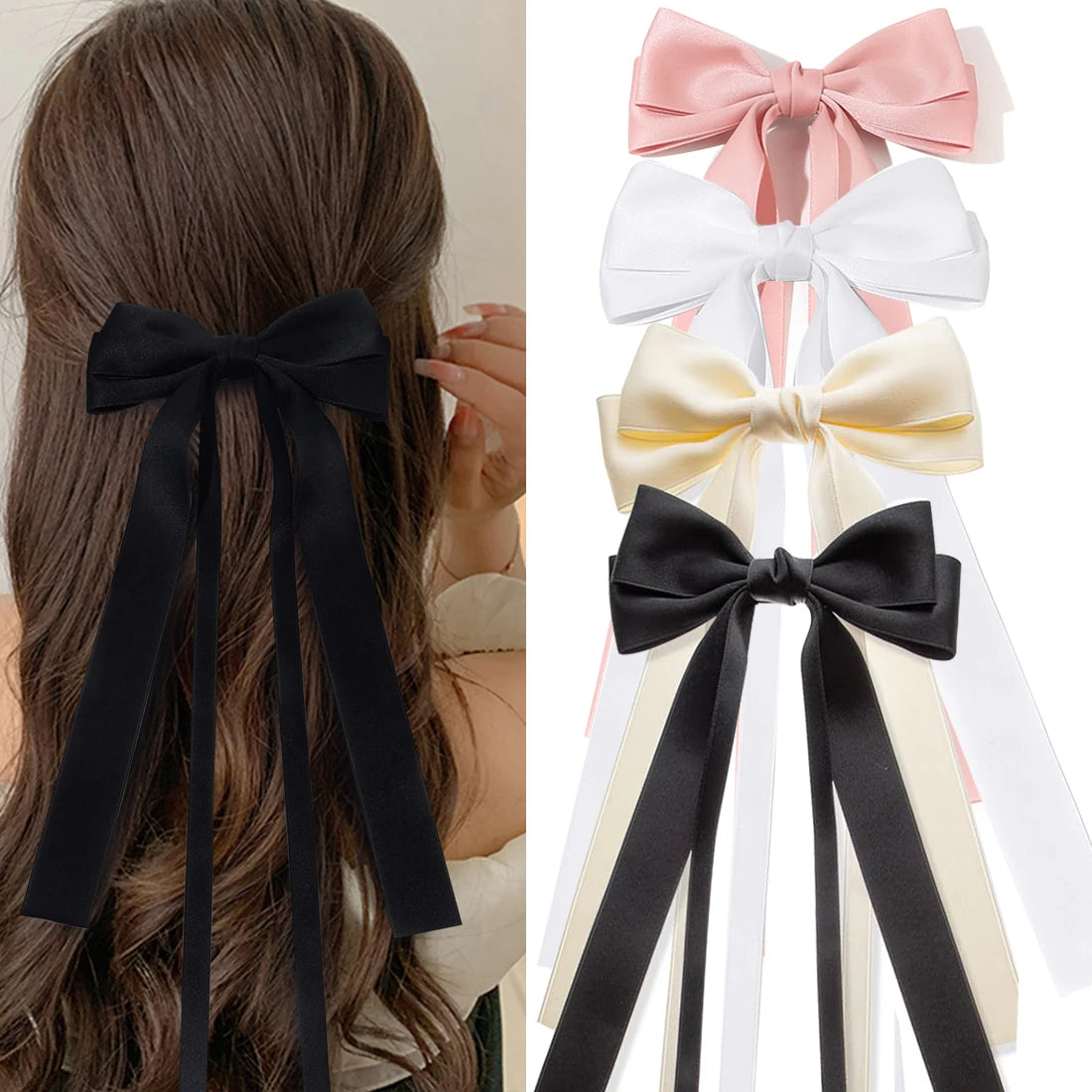Solid Double Bowknots Hair Clips Women Long Ribbon Bow