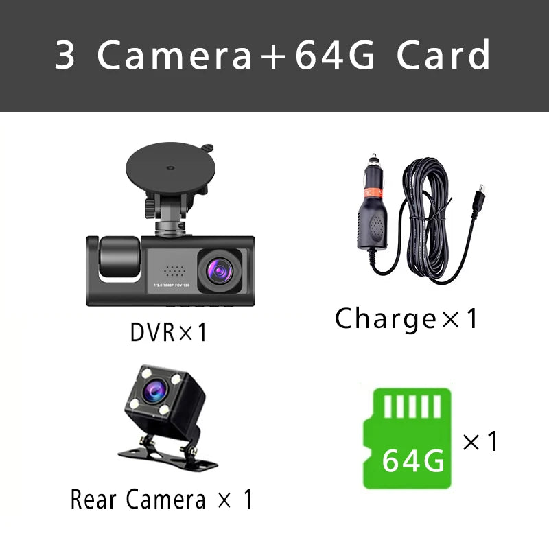 3 Channel Dash Cam HD 1080P 3-Lens Inside Vehicle  Car DVR Three Way Camera DVRs Recorder