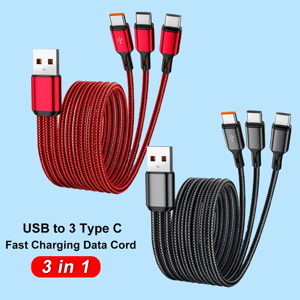 100W 3 in 1 Fast Charging Data Cable USB to 3 Type C Quick Charge