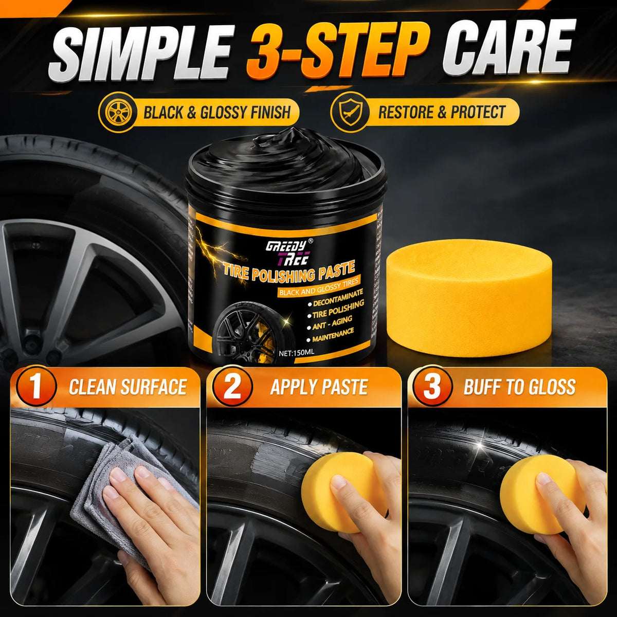 GREEDY TREE Tire Polishing Paste 150ml with Sponge