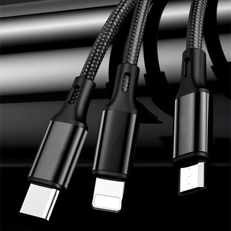 3 In 1 USB Fast Charging Cable 1.2M Type C Micro IOS Multi Charger Cable for iPhone Huawei Samsung Nylon Braided Cord