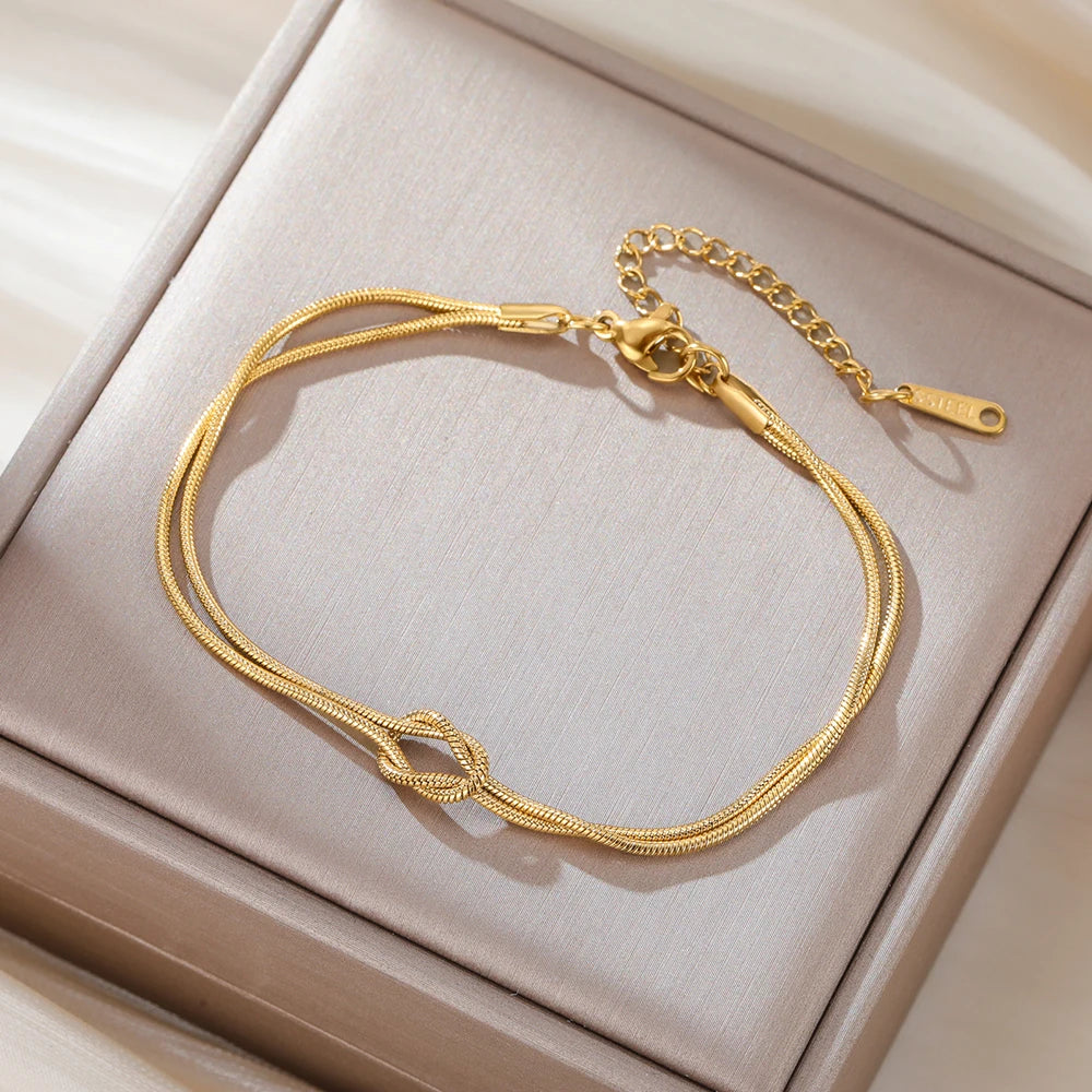 Skyrim Double Snake Chain Love Knot Bracelet Stainless Steel Gold Color Adjustable Bracelets Women Men Couple Minimalist Jewelry