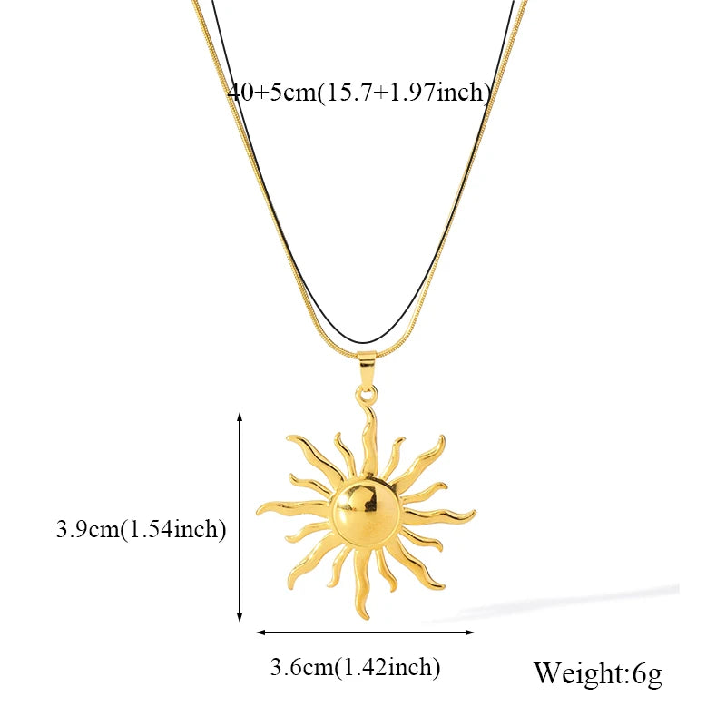 GANEMLY 316l Stainless Steel Metallic Gold Color Sun Pendant Necklace Women Chic Romantic Waterproof Neck Chain Jewelry Gift
