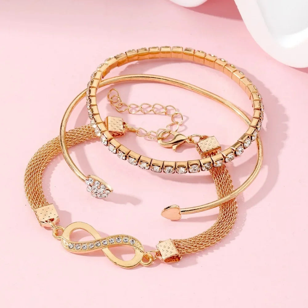 1/3pcs Crystal Rhinestone Heart Bracelets for Women Fashion Geometric Adjustable Infinity Cuff Bangle Jewelry