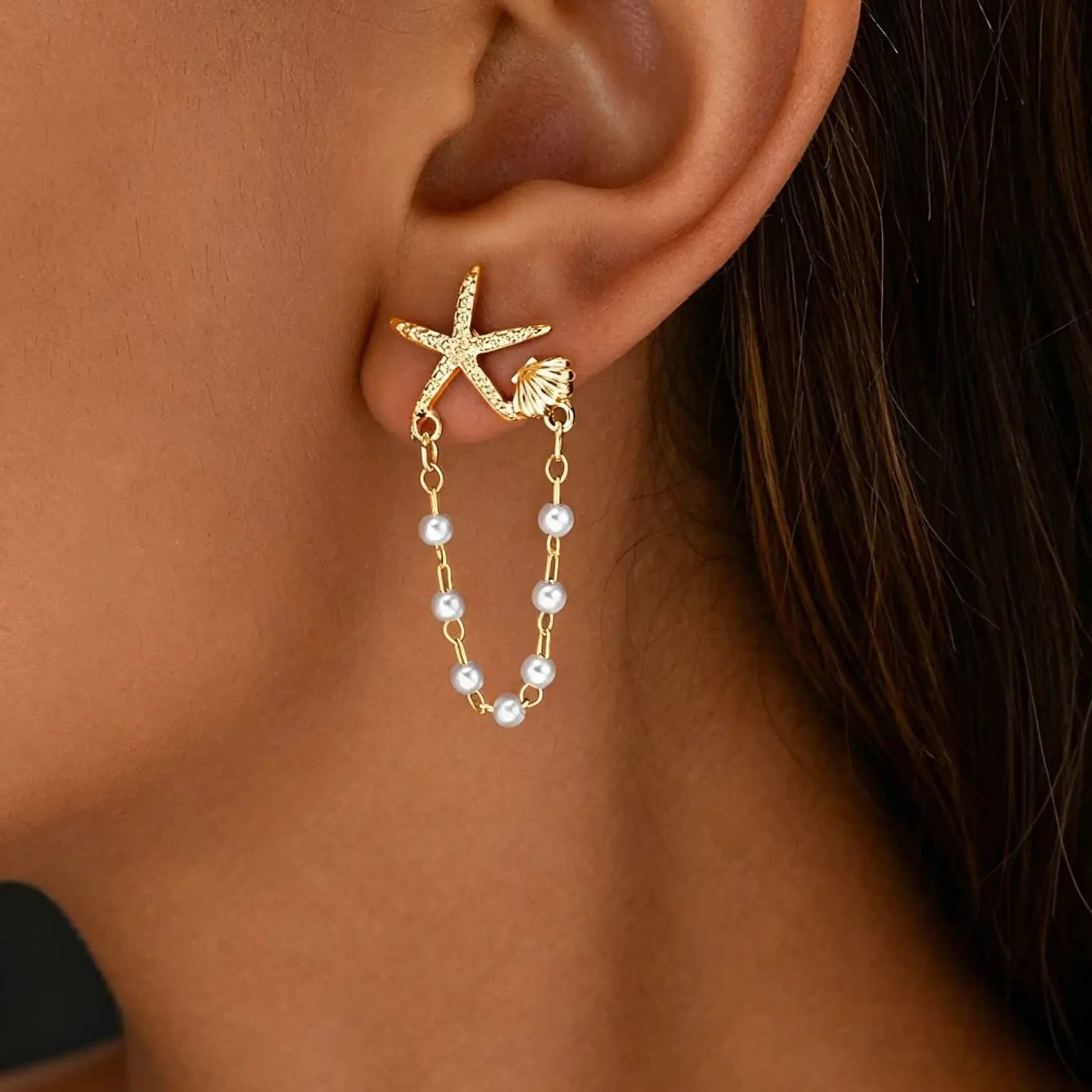 2026 Trendy Gold Color Starfish Stud Earrings for Women Small Star Imitation Pearl Pendant Earring Summer Beach Daily Jewelry