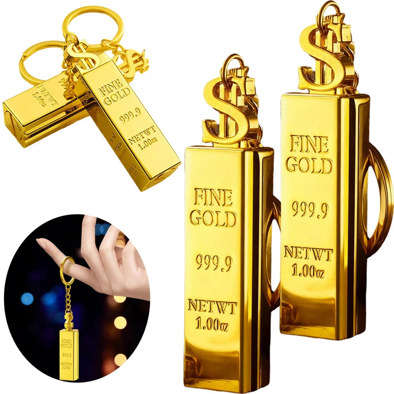 Creative Golden Bar Perpetual Match Lighter Keychain Reusable Flint Metal Matchbox Portable EDC Survival Tool with Gold Ingot Design and Dollar Sign Charm Gift for Men (Fuel Not Included)