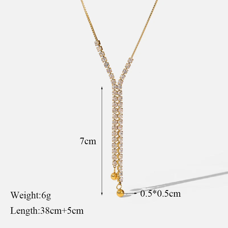 GANEMLY 316L Stainless Steel Sparkle Zircon Tassel Pendant Necklace For Women New Party Gift Stylish Dangle Neck Chain Jewelry