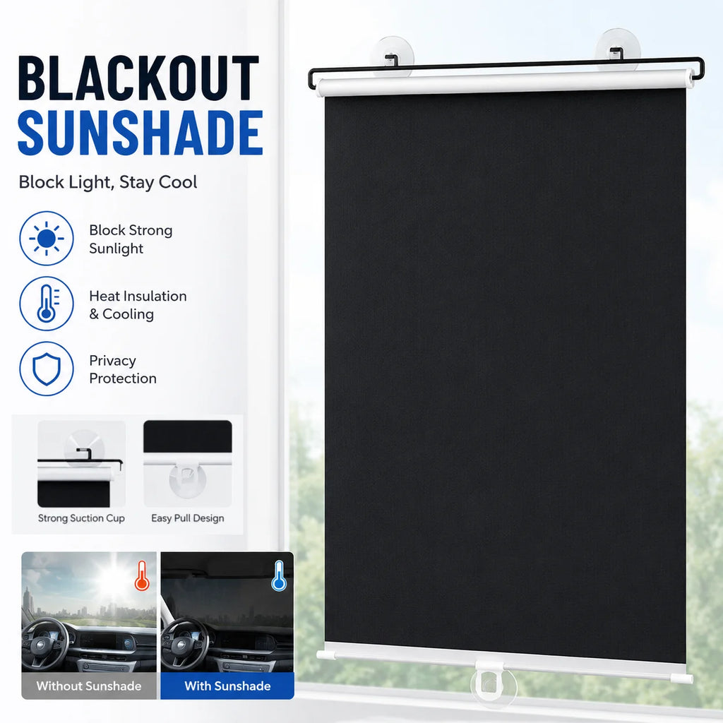Titanium Silver Sunshade Full Blackout Heat Insulation No Punching Suction Cup Foldable Roller Shade for Home Office Cars Window