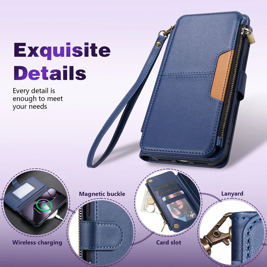 Wallet Multi-card Slot Zipper Kickstand Magnetic Flip Leather Case For iPhone 17 Pro Max 17e Air 16e 15 Plus 14 13 12 11 XR 8 7