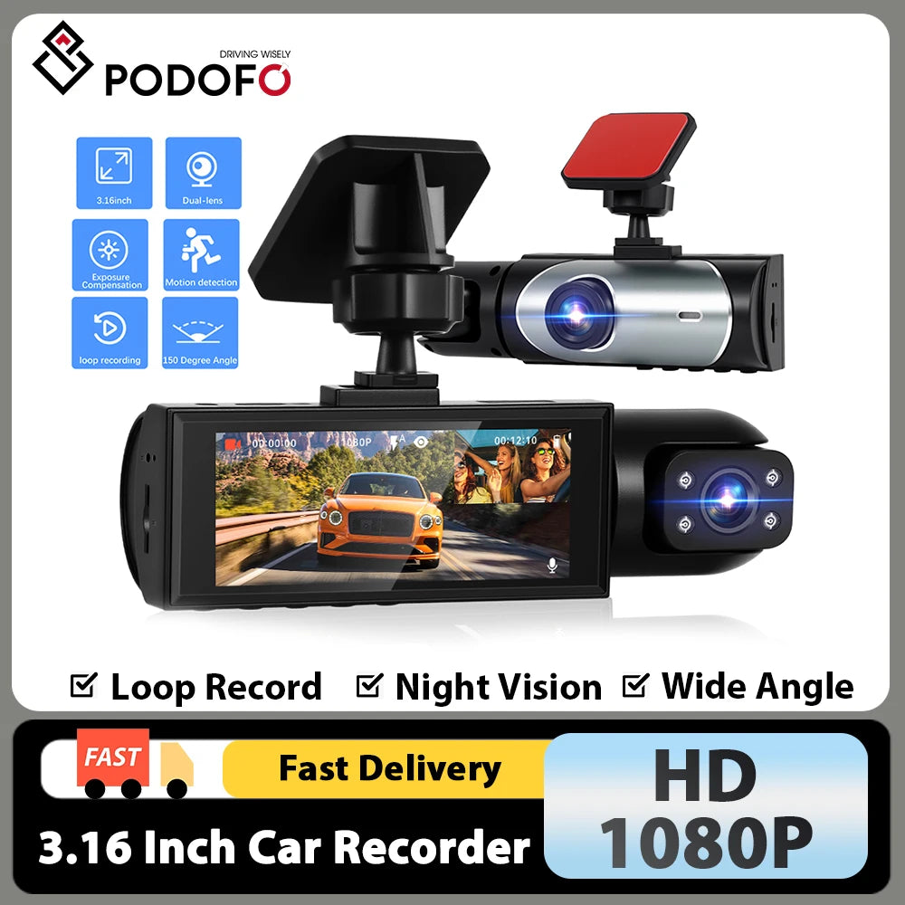 Podofo 3.16 inch 1080P Car DVR Camera Dual Recording HD Car Recorder With Motion Detection Night Vision Support TF Card