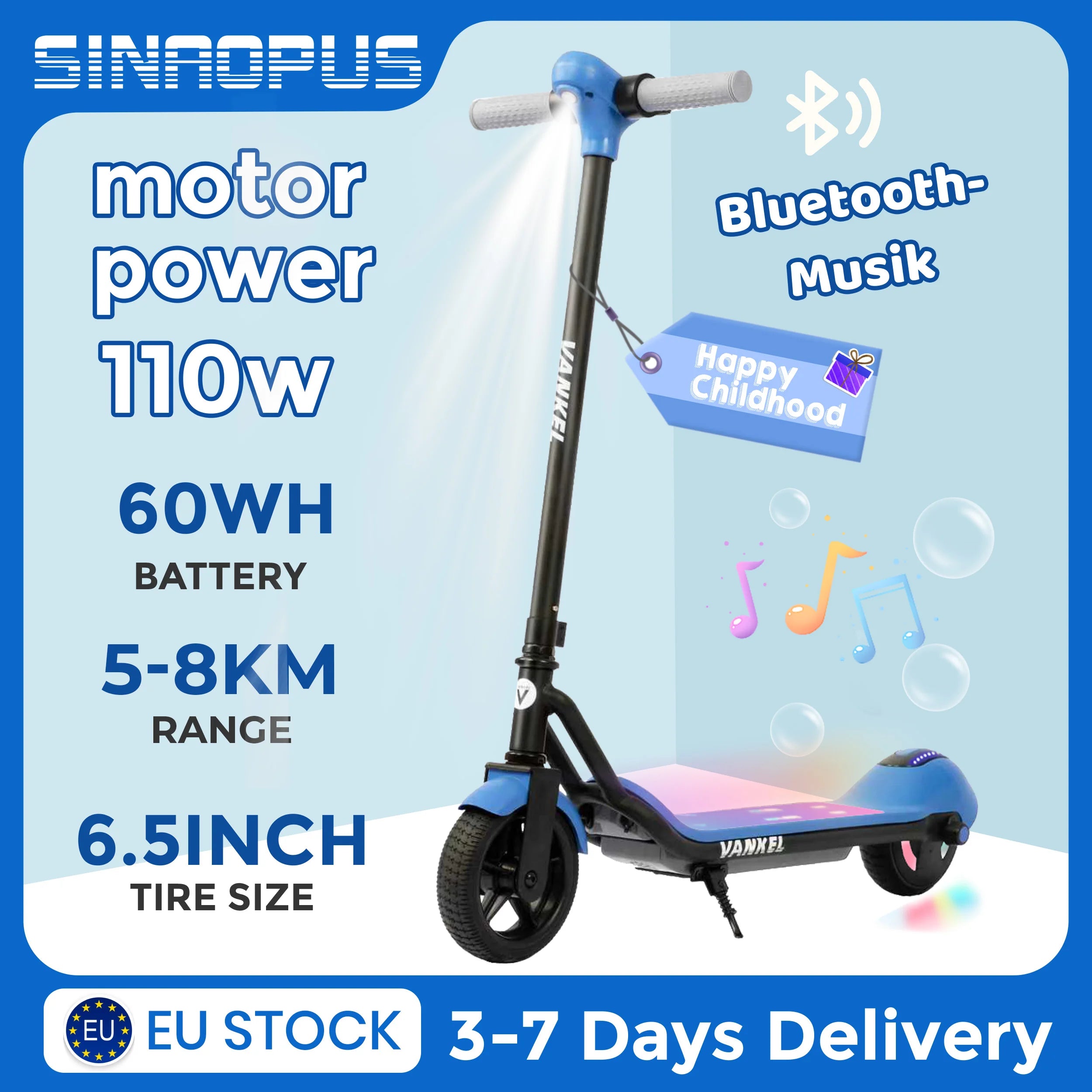 Sinaopus 6.5 Inch Kids Electric Scooter 110W Motor with Bluetooth Music Function, LED Lights, 14km/h Max Speed, Foldable E-Scooter for Kids 6+