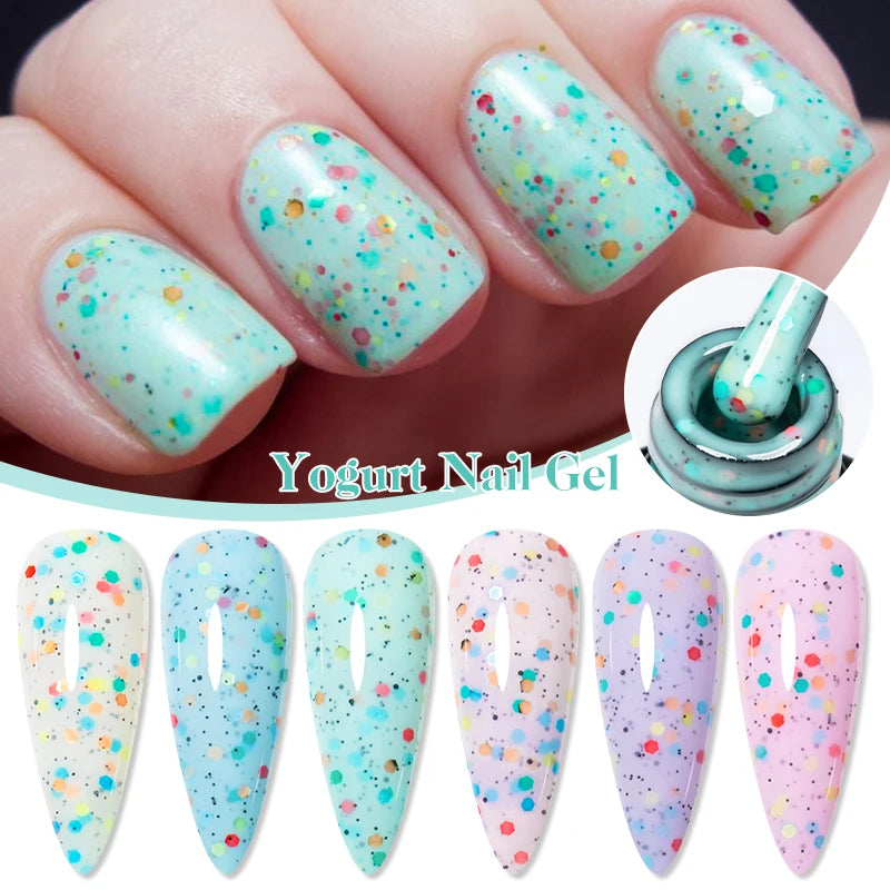 MEET ACROSS 7ml Yogurt Gel Nail Polish Cake Candy Color Sequins