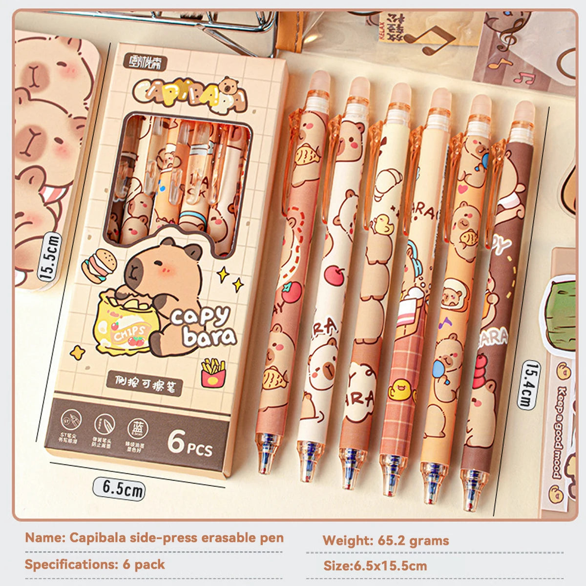 Capybara Erasable Pens 6pcs Refillable Ink Gel