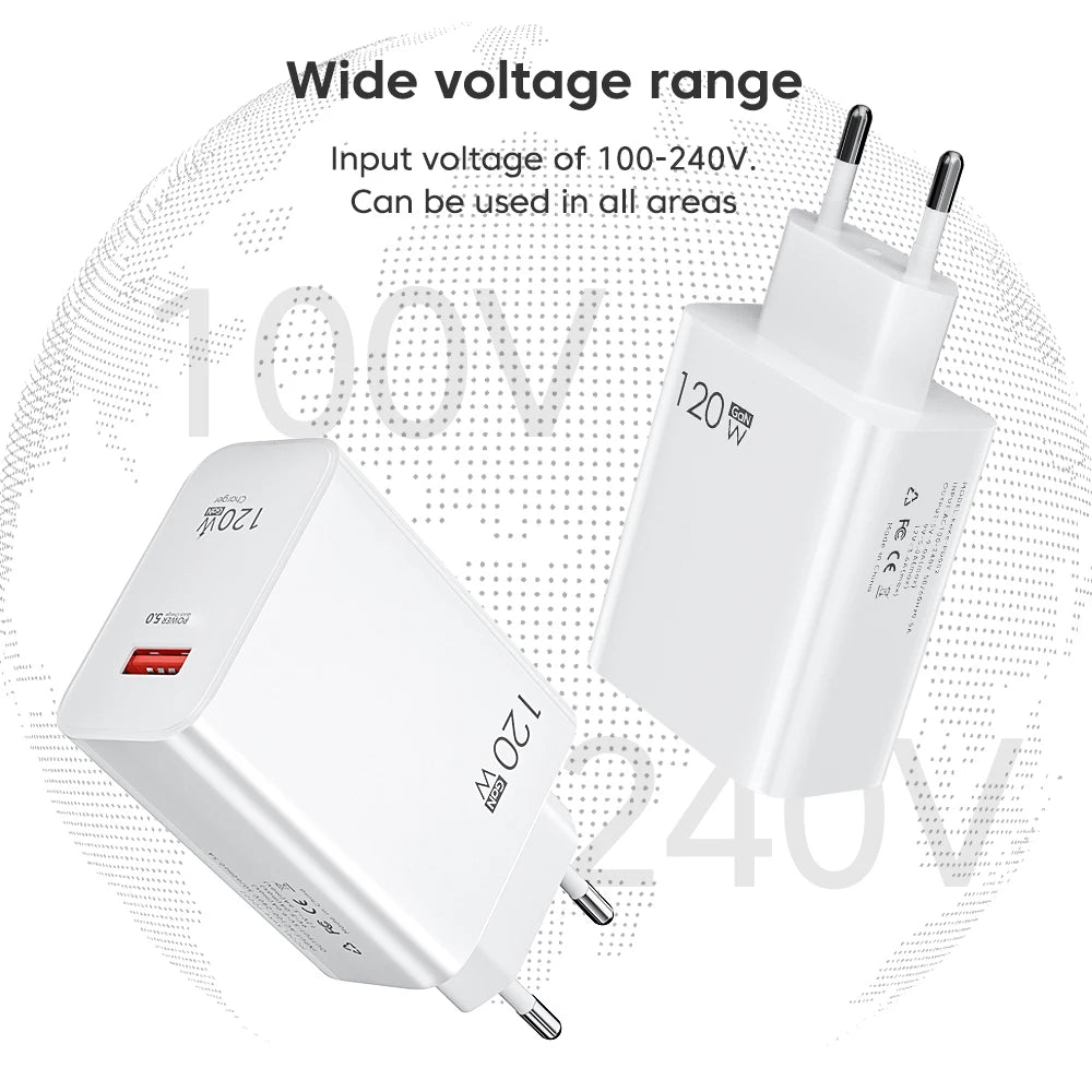 120W USB Fast Charging Charger Type C Cable Quick Charge Phone Adapter for Xiaomi 14 Redmi Oneplus Huawei Samsung Wall Charger