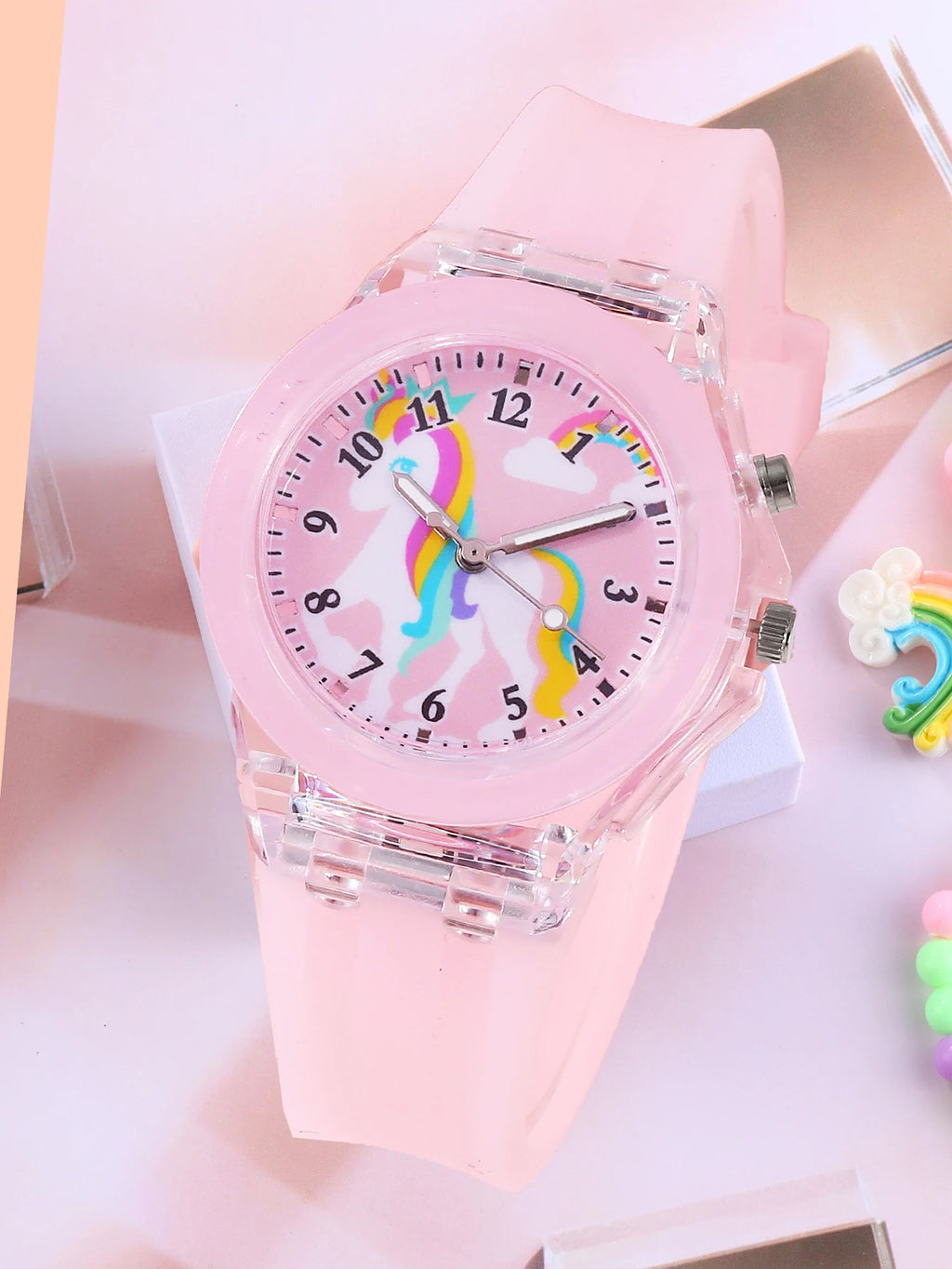 Children's wristwatch set featuring unicorn silicone quartz watch and feather bracelet, emits light, does not include the box